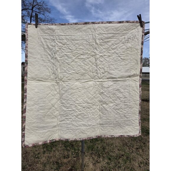 Handmade Floral Print Cotton Hand Quilted Lap Throw Coverlet Baby Quilt Rosettes - Picture 7 of 9